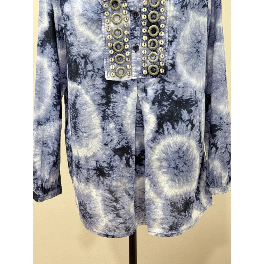 Michael Kors Top‎ M Blue Tie-Dye Beaded Bib Pleated Hippie Boho Peasant Popover
